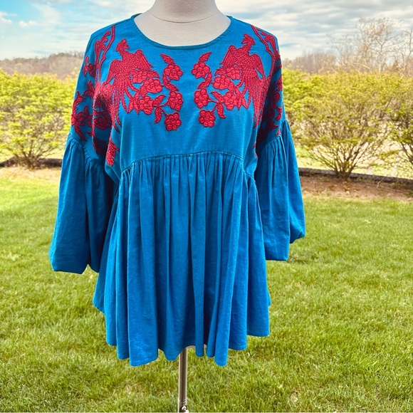 Anthropologie Hemant & Nandita Blue Lianna Embroidered Blouse Size S - Picture 10 of 16